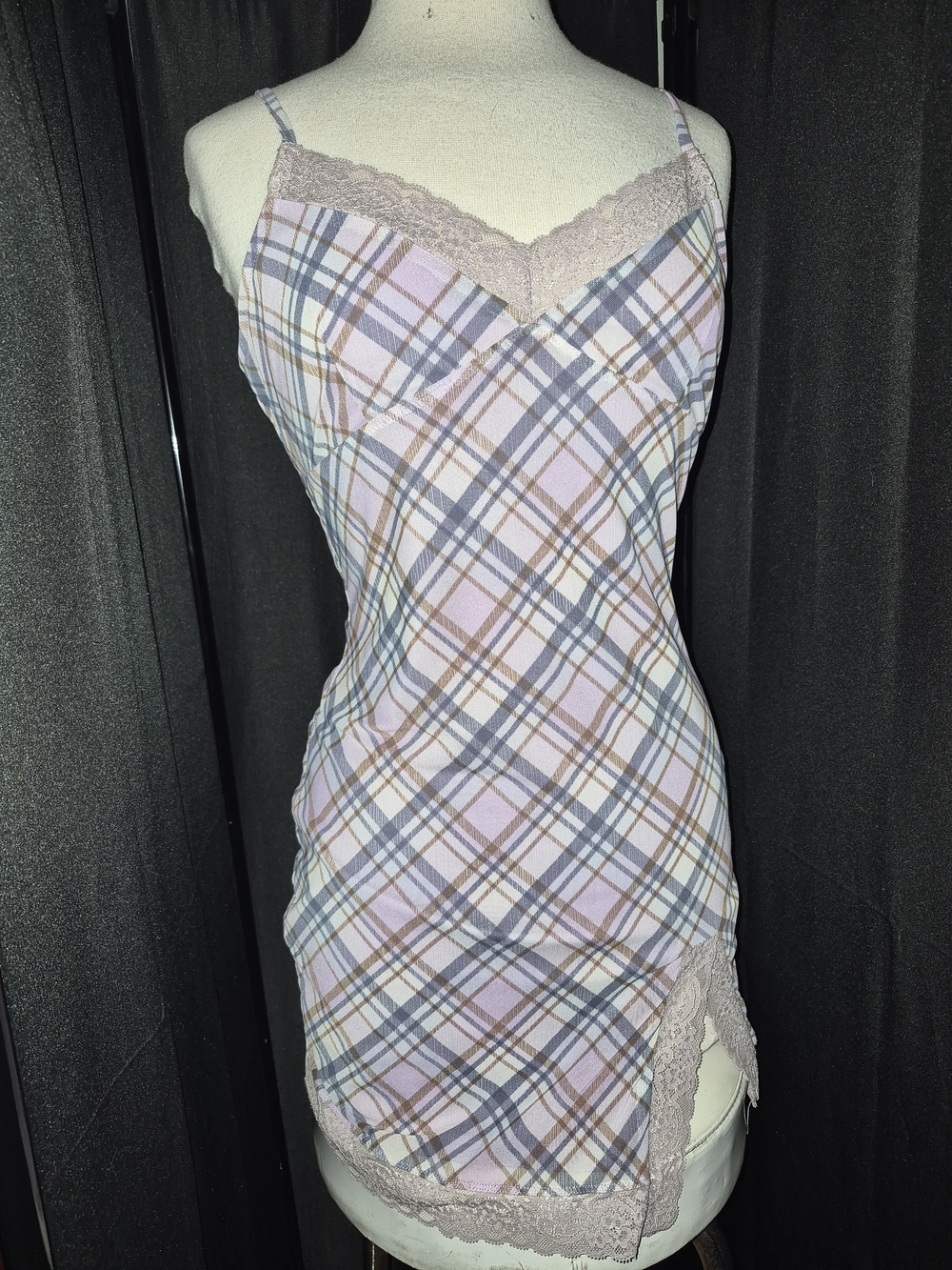 Lace-Trim Plaid Slip Dress - Lavendar